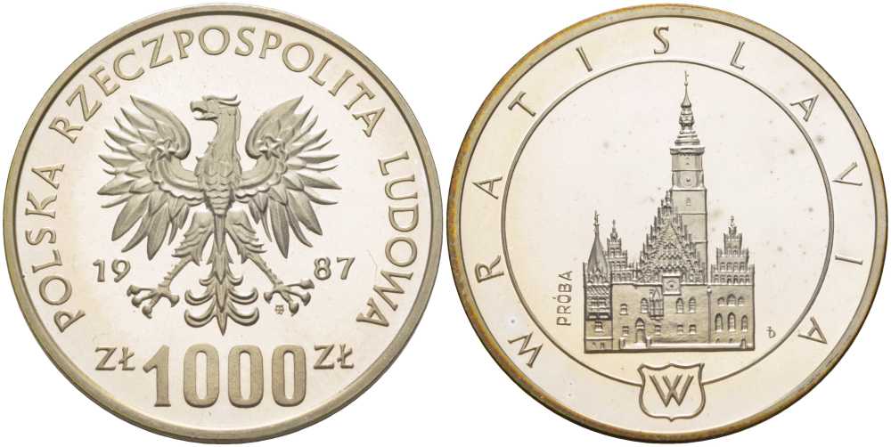 Польша 1000 злотых 1987 MW, Вроцлав, PROBA, проба, тираж 24000 экз., в оригинальной пластиковой коробке KM Pr561, Parchimowicz P.491a серебро PROOF 5-3-1-170