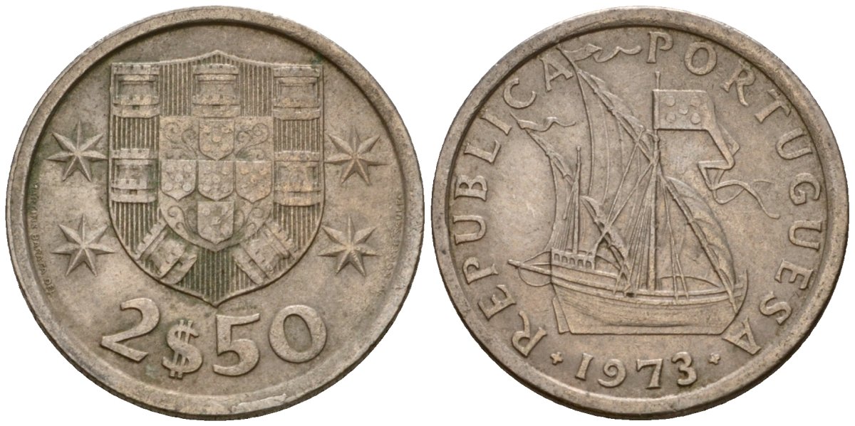 Португалия 2,5 эскудо 1973 парусник KM 590 медно-никель 4602-318