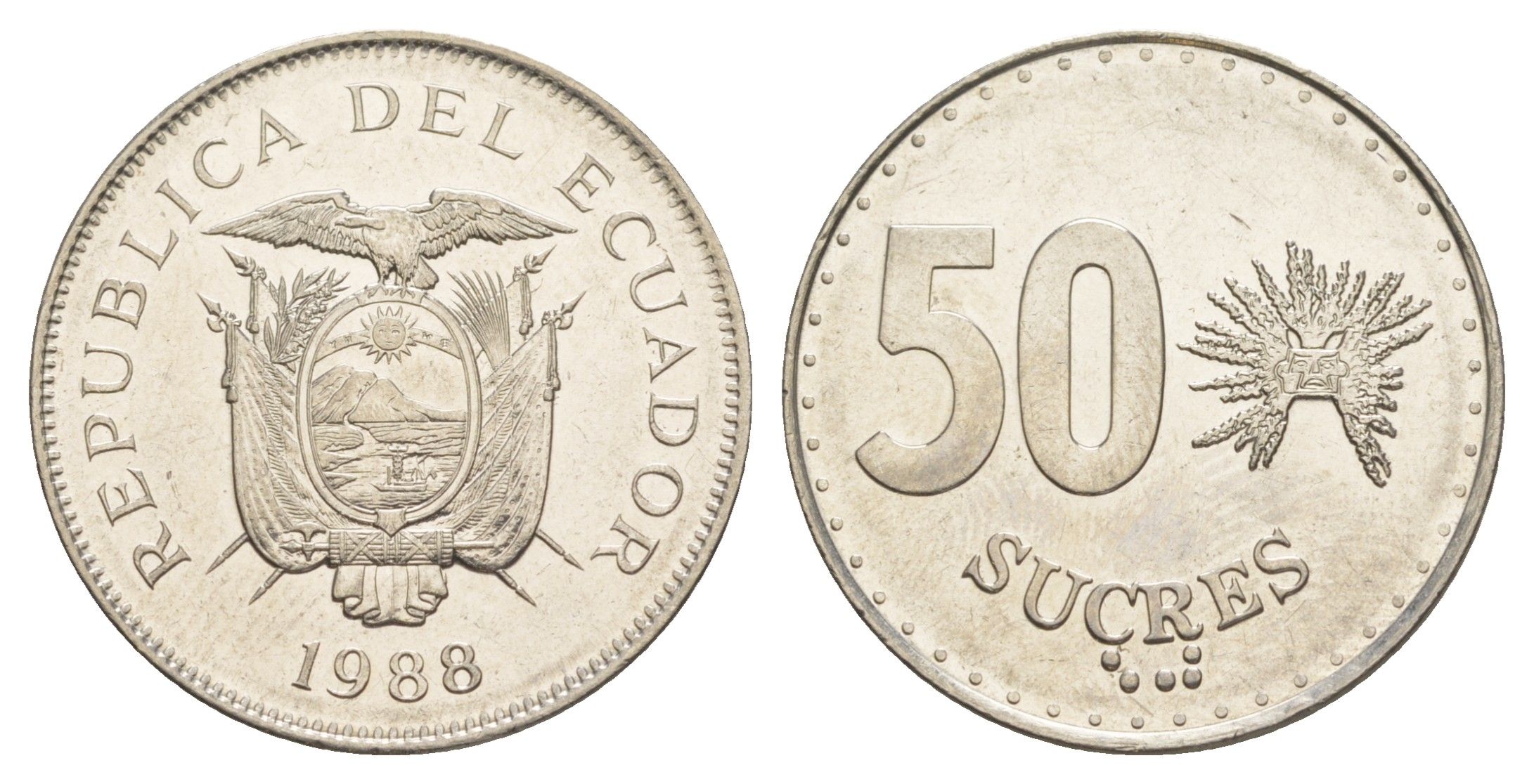 Эквадор 50 сукре 1988 KM 93.1 сталь плакированная никелем 4641-726