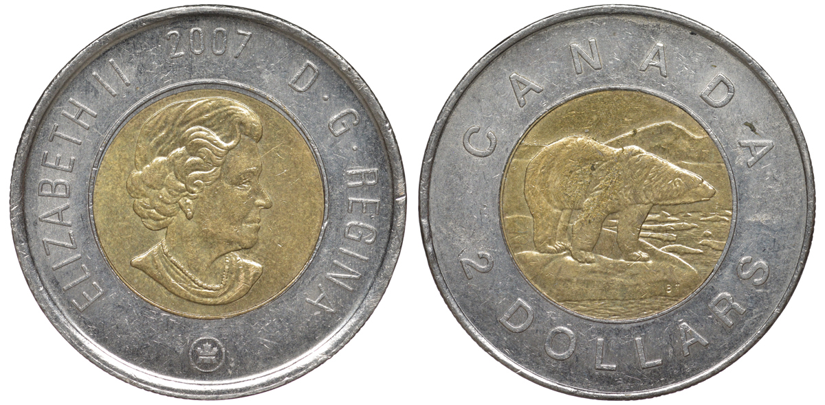 Канада 2 доллара 2007 полярный медведь KM 496 биметалл 4605-643