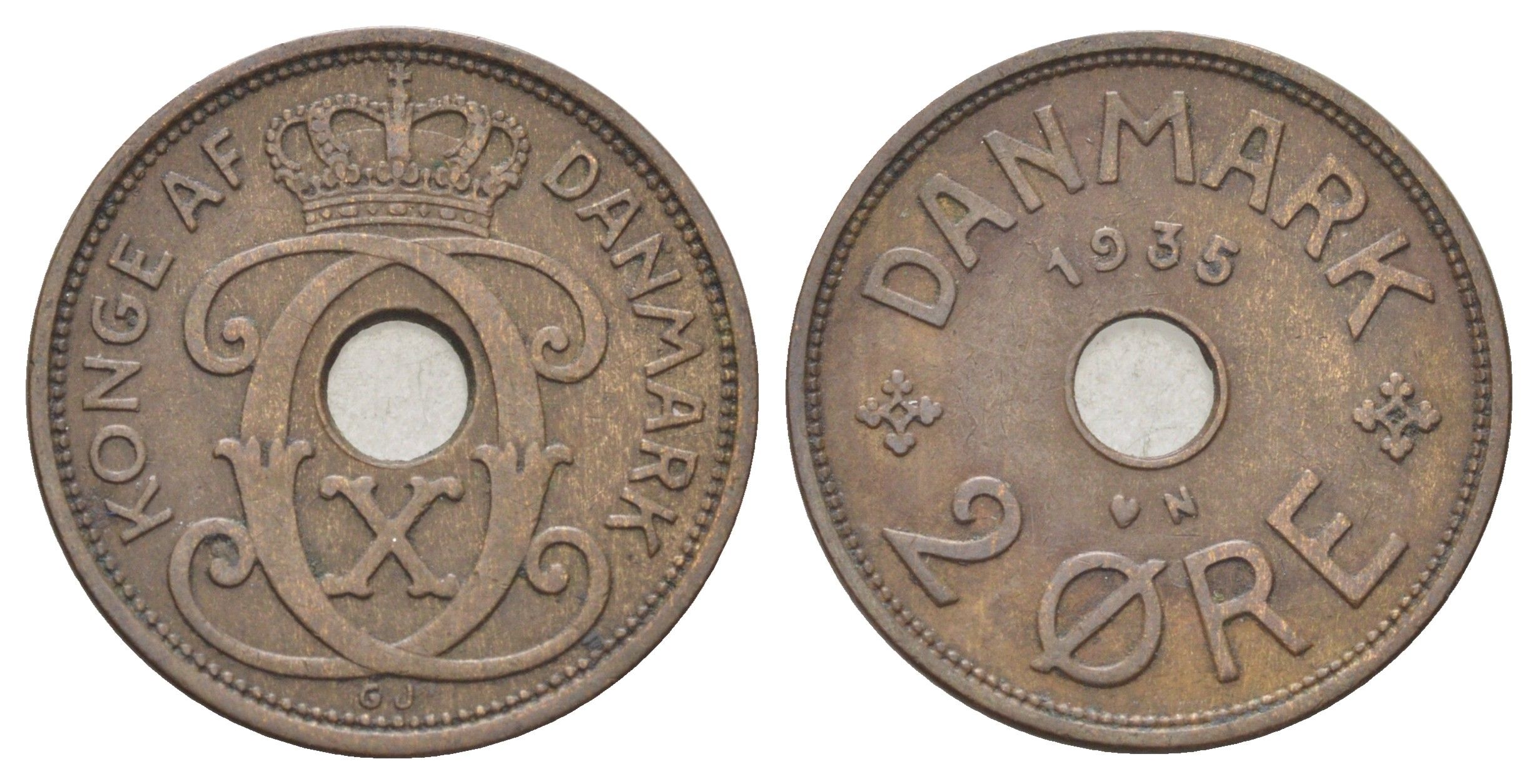 Дания 2 эре 1935 N, Кристиан X (1912-1947) KM 827 бронза 4701-823