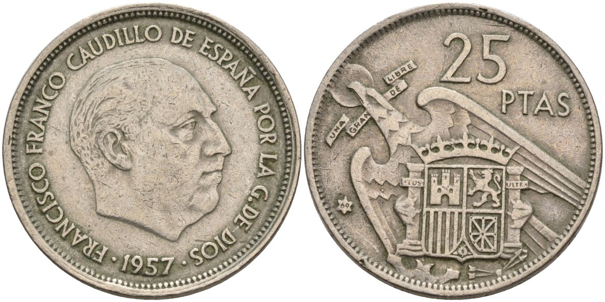 Испания 25 песет 1957 (69) Франсиско Франко (1939 - 1975) KM 787 медно-никель 4149-1031