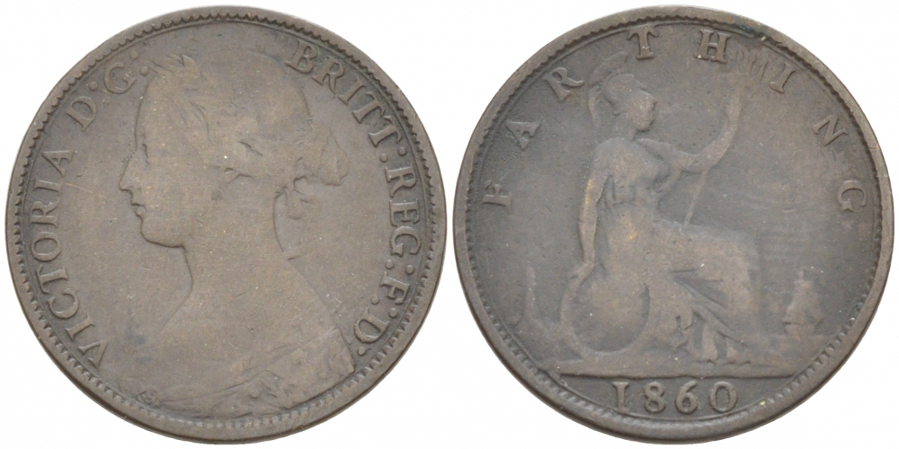 Великобритания 1 фартинг 1860 Виктория (1837-1901), зубчатая кайма KM 747.2, Spink 3958 бронза 3955-261