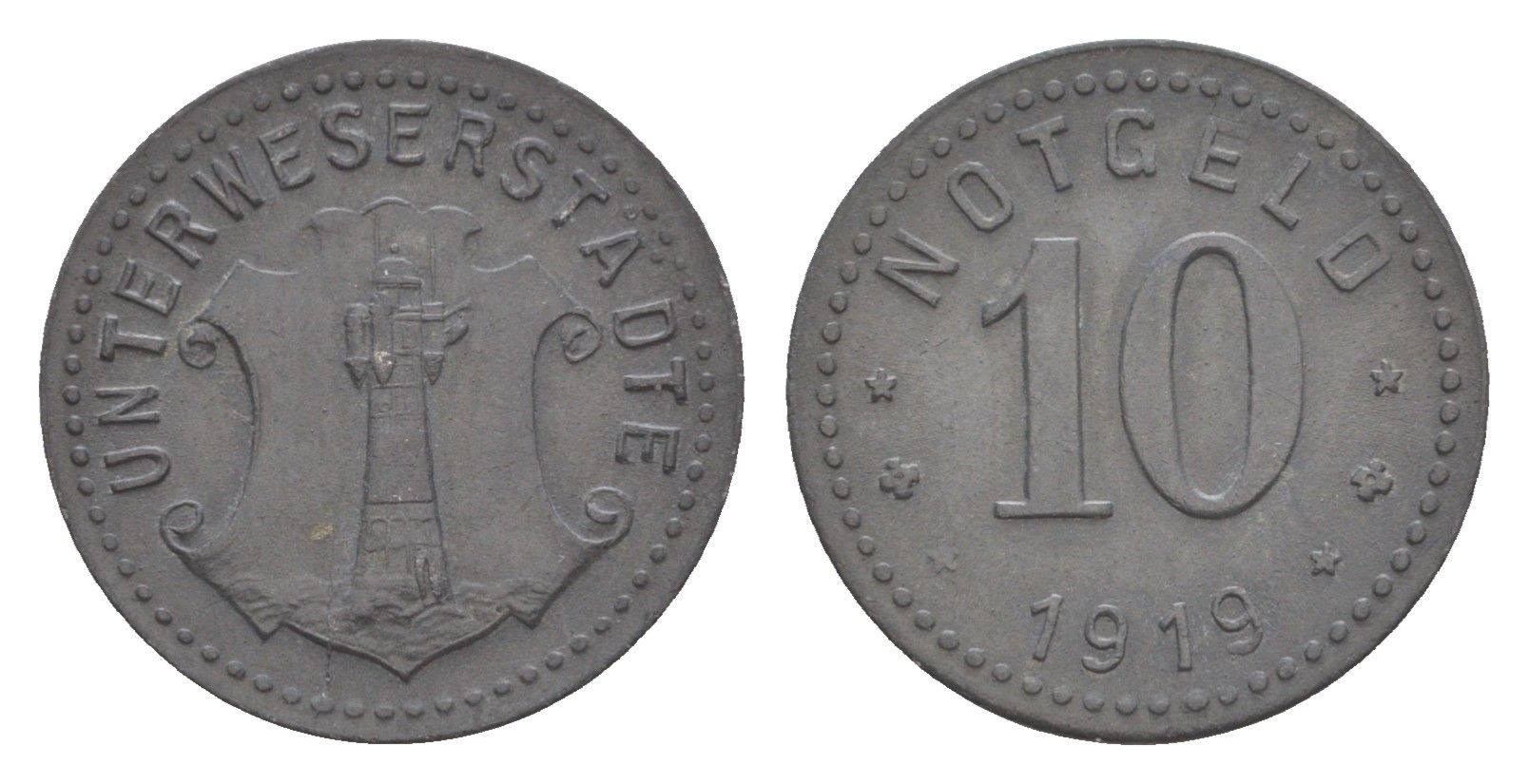 Унтервезер 10 пфеннигов 1919 Funck 558.2, Men05 25587.3, Men18 32086.3 цинк 4636-835