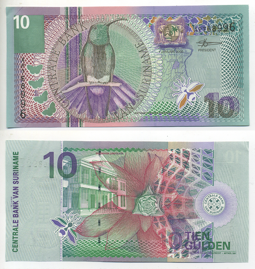 Суринам 10 гульденов 2000 колибри-манго, цветок Pick 147 бумага UNC (пресс) 6318-14-1-2