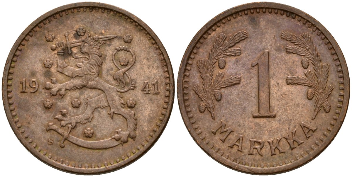 Финляндия 1 марка 1941 S KM 30a медь 4580-1268