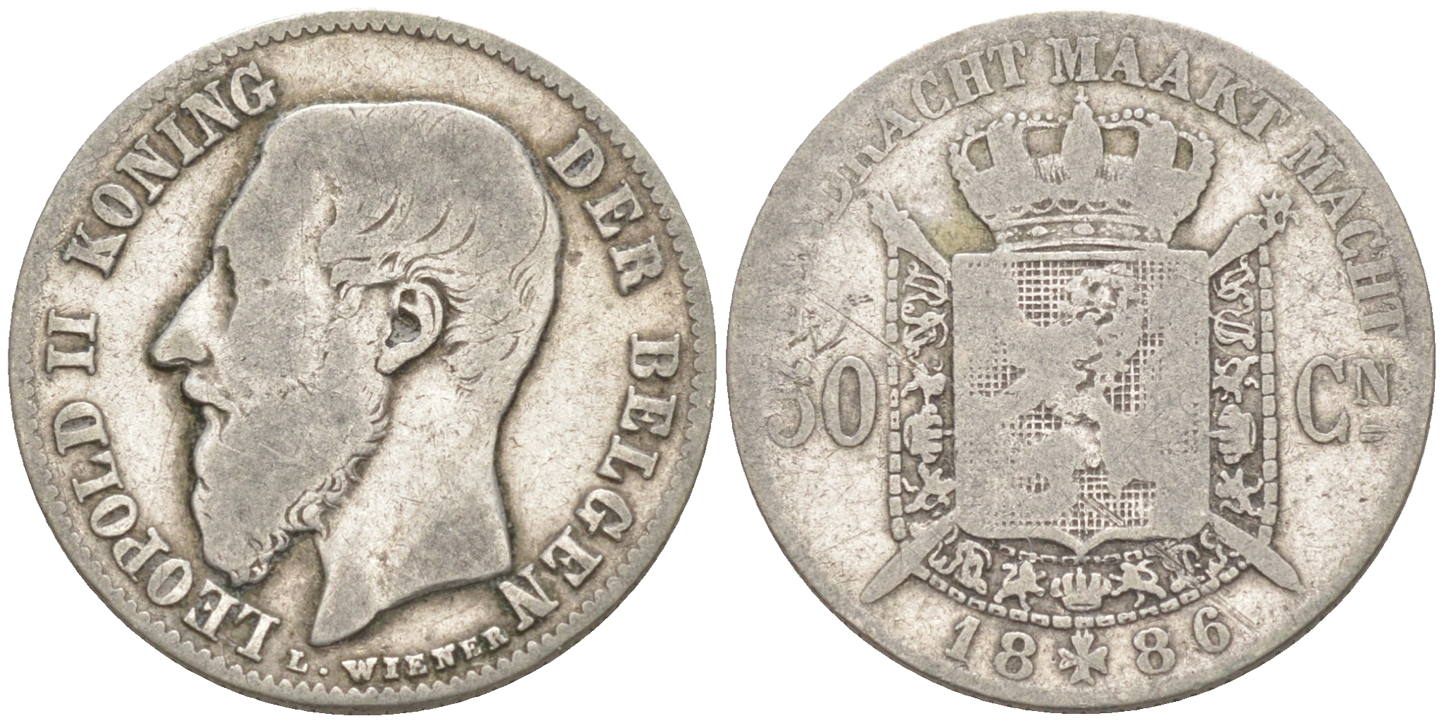 БЕЛЬГИЯ 50 САНТИМОВ 1886 BELGEN, ЛЕОПОЛЬД II KM 27 серебро 187-865