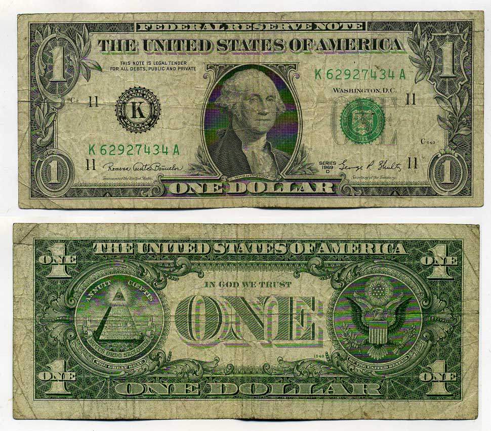 США 1 ДОЛЛАР 1969 D, БЛОК 2, БУКВА К, ГОРОД ДАЛЛАС, ШТАТ ТЕХАС, ДЖОРДЖ ВАШИНГТОН Pick 449e бумага 6287-25-2-2