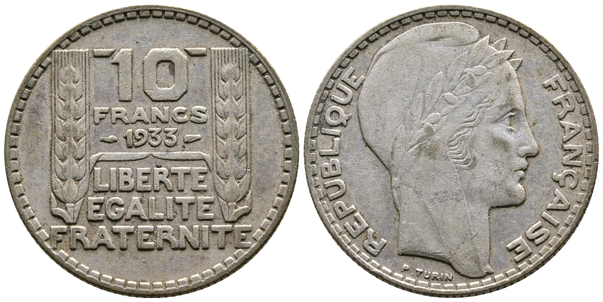 Франция 10 франков 1933 Пьер Тюрен KM 878, Le Franc 360.6 серебро 61-656