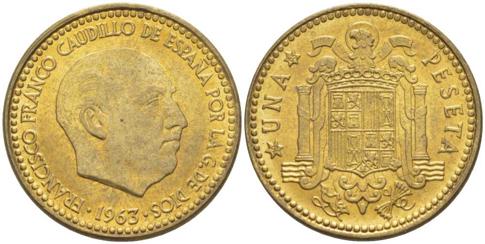 ИСПАНИЯ 1 ПЕСЕТА 1963 (65) ФРАНЦИСКО ФРАНКО ДИКТАТОР ИСПАНИИ (1939-1975) KM 775 алюминиевая бронза аUNC 4380-1255
