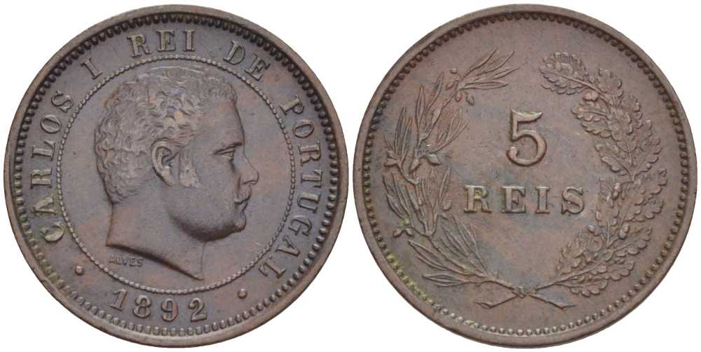 ПОРТУГАЛИЯ 5 РЕЙС 1892 КАРЛУШ I (1889-1908) KM 530 бронза 1521-1243