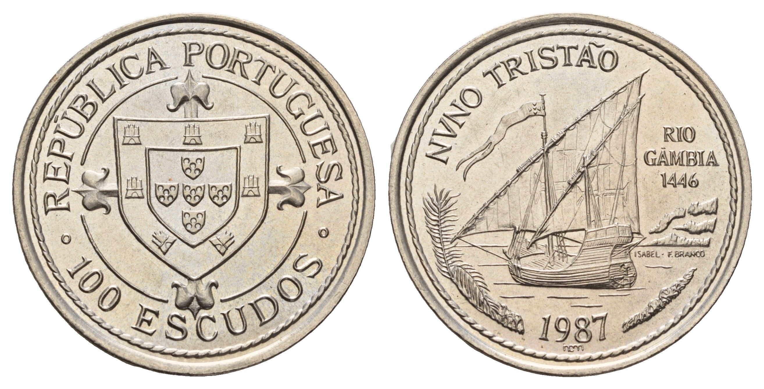 Португалия 100 эскудо 1987 Золотой век открытий - Нуну Триштан KM 640 медно-никель UNC 74-611