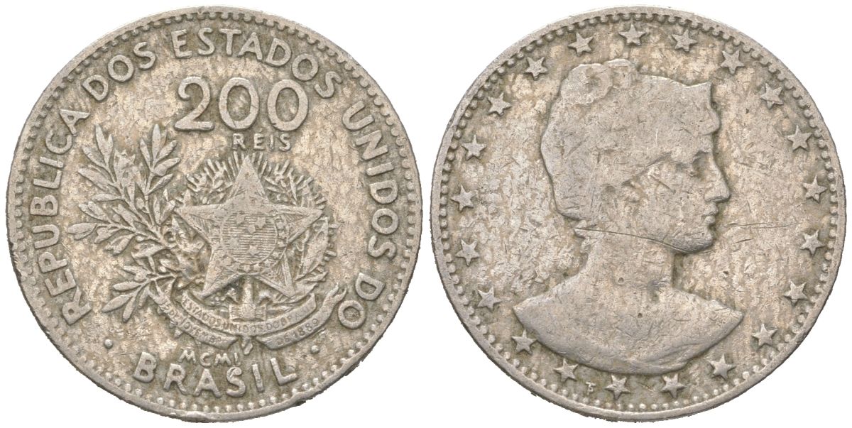 Бразилия 200 реалов 1901 MCMI, голова свободы вправо KM 504 медно-никель 4612-324