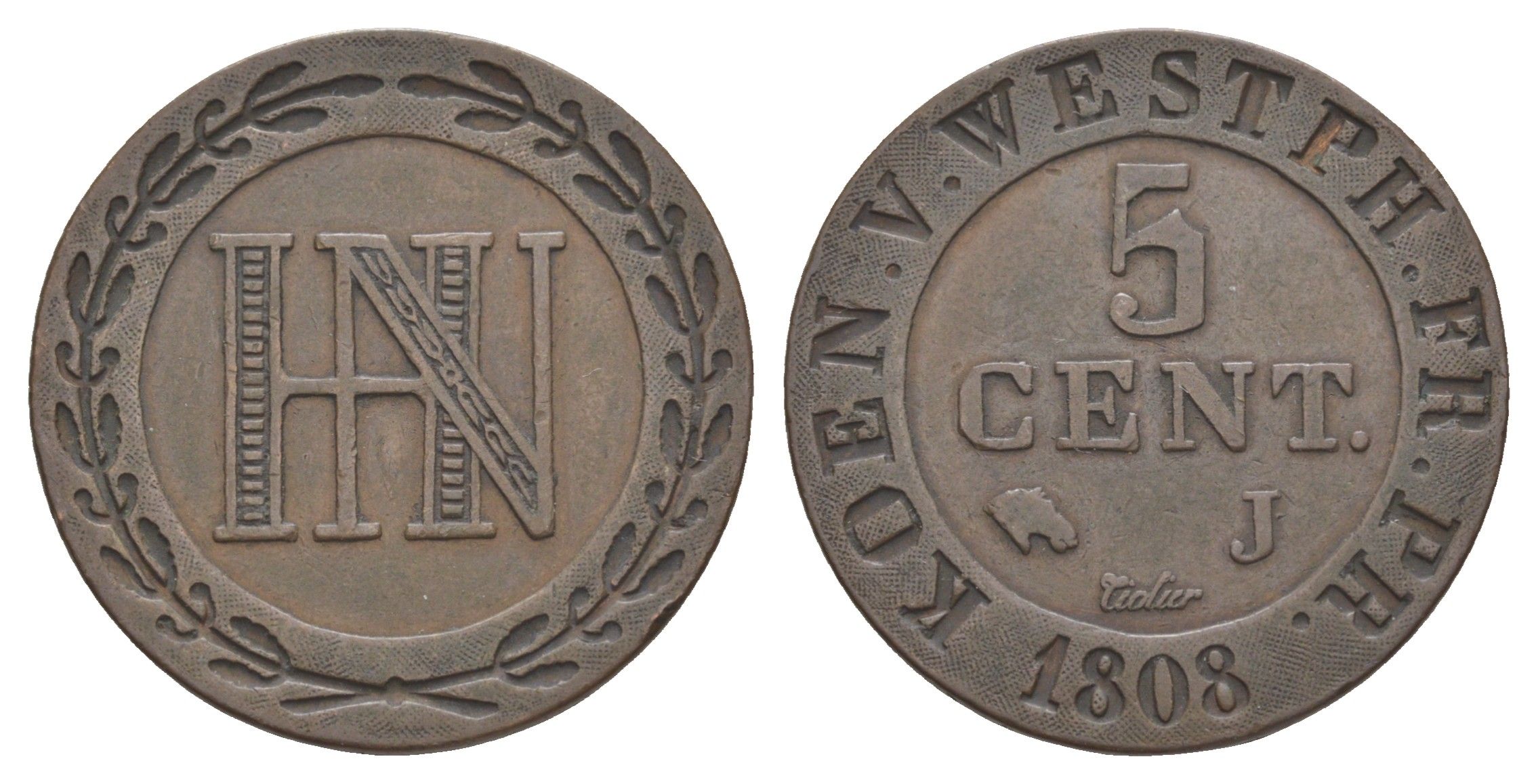 Вестфалия 5 сантимов 1808 J, Жером Бонапарт (1807-1813), из коллекции Ричарда Б. Смита Smith 298, KM 95, ASK 40 медь 1525-1121