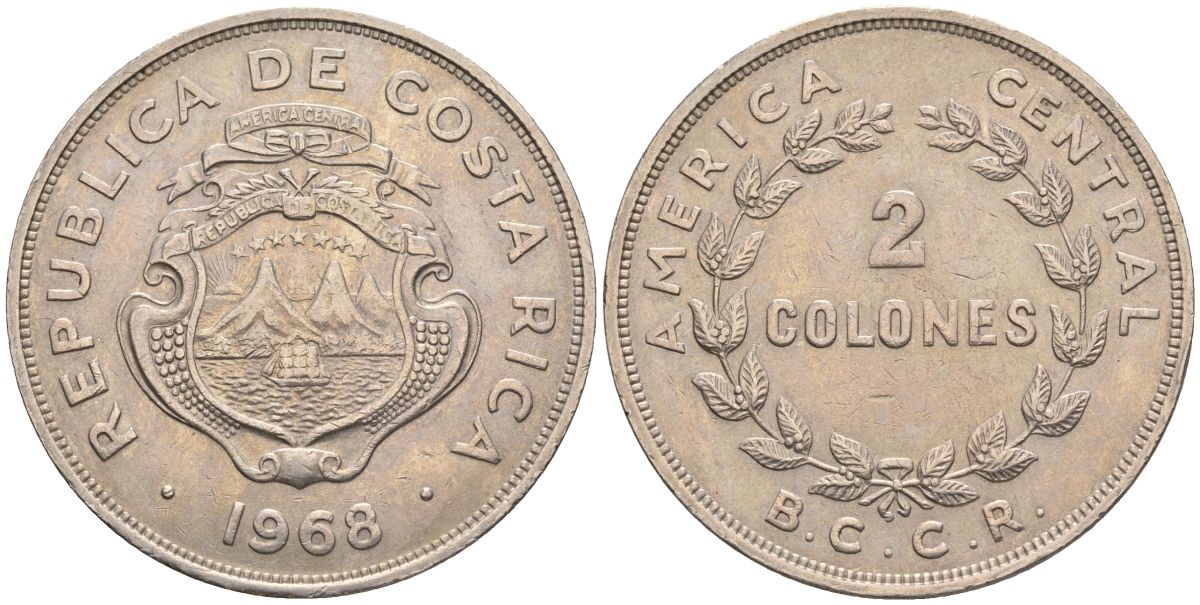 Коста-Рика 2 колона 1968 KM 187.2, Schoen 46.1 медно-никель 4117-943