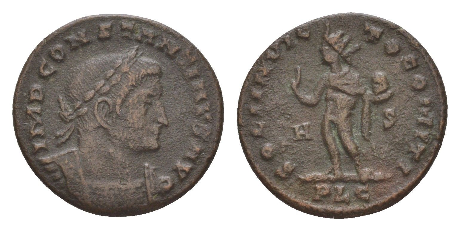 Римская Империя нуммий 316 Константин I Великий, IMP CONSTANTINVS AVG, бюст императора/SOLI INVICTO COMITI, бог Соль, Лугдун RIC 53 биллон 413-2223