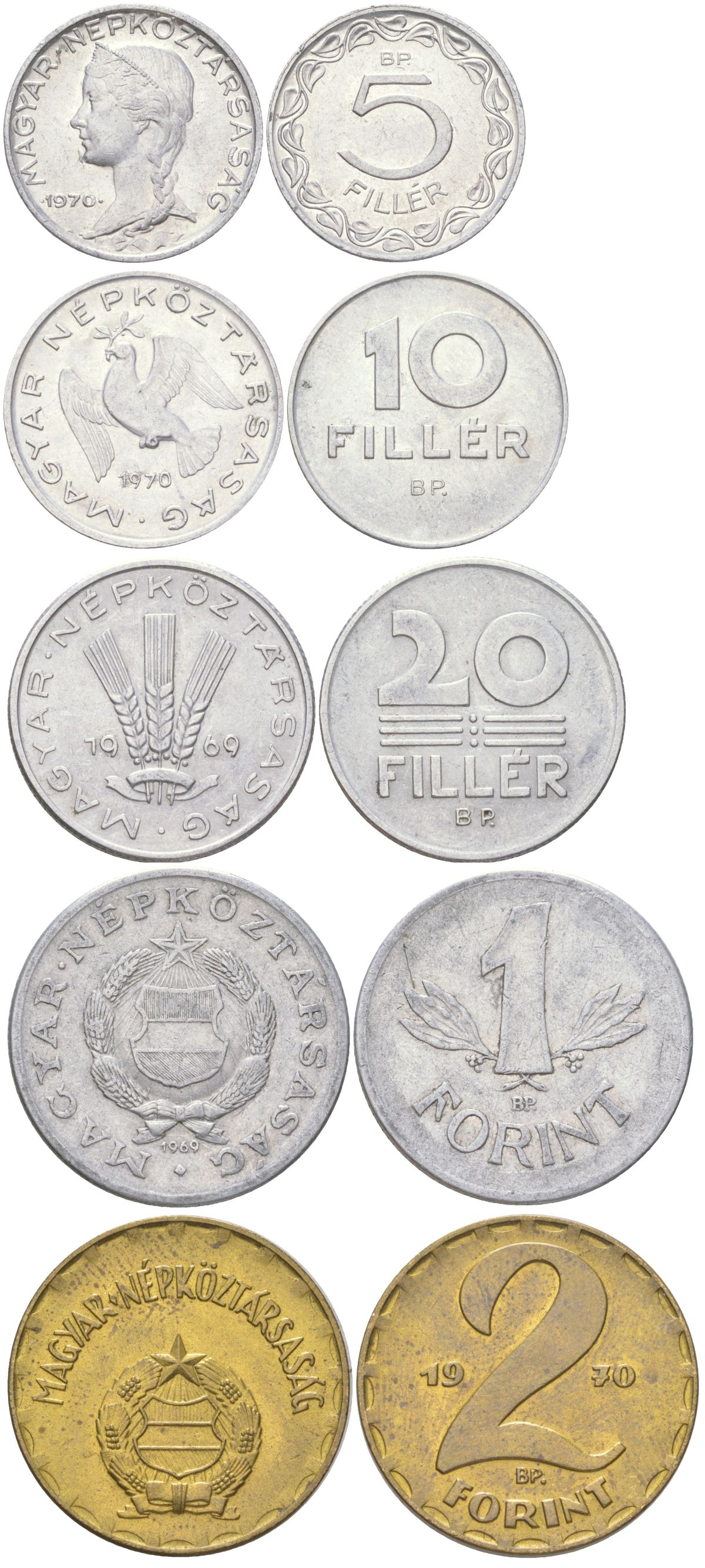 Венгрия набор из 5 монет (5, 10 и 20 филлеров; 1 и 2 форинта) 1969 и 1970 BP KM 549, 572, 573, 575 и 591 алюминий и латунь aUNC-UNC 4614-151-155