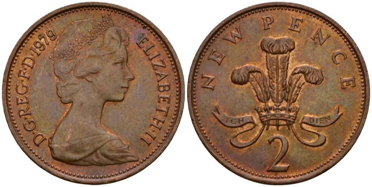 Великобритания 2 пенса 1979 Елизавета II (1952-2022) KM 916, Spink 4235 (C1) бронза 4601-437