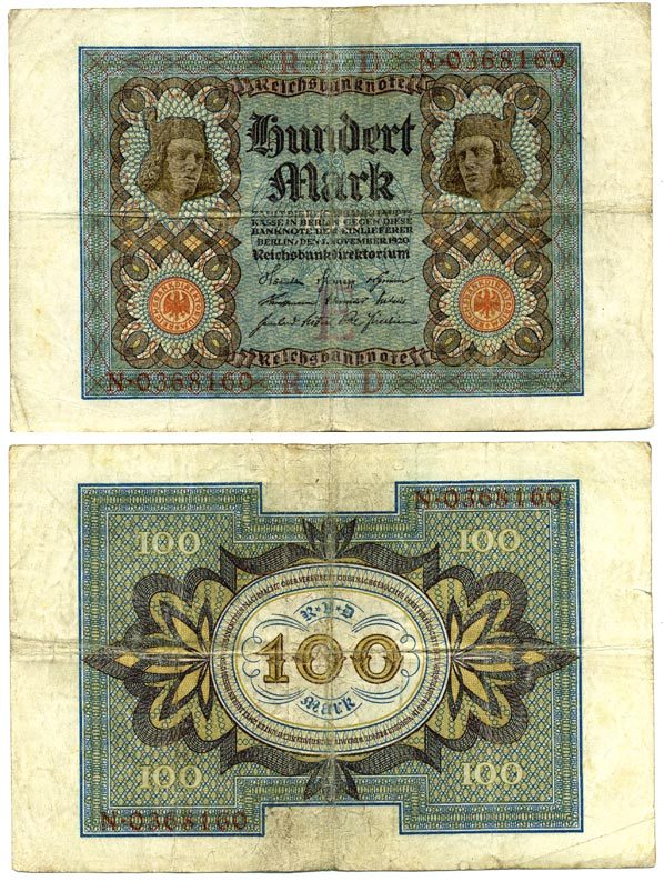 Германия 100 марок 1920 Бамбергский всадник, 7 цифр в номере Pick 69 a, Розенберг 67а  бумага 3295-113-3-2