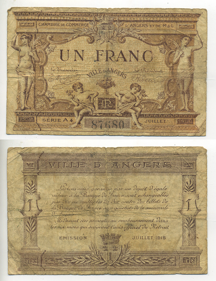 ФРАНЦИЯ 1 ФРАНК 1915 КОМЕРЧЕСКАЯ ПАЛАТА ГОРОДА АНЖЕ, НОТГЕЛЬД бумага 7552-30-4