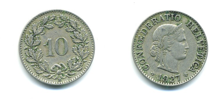 ШВЕЙЦАРИЯ 10 РАППЕНОВ 1927 В KM 27 медно-никель 29-1134