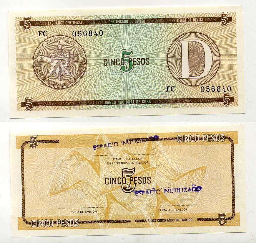 Куба, валютный сертификат 5 песо ND серия D, желтая, второй выпуск Pick FX 34 бумага aUNC 444-41-1-2