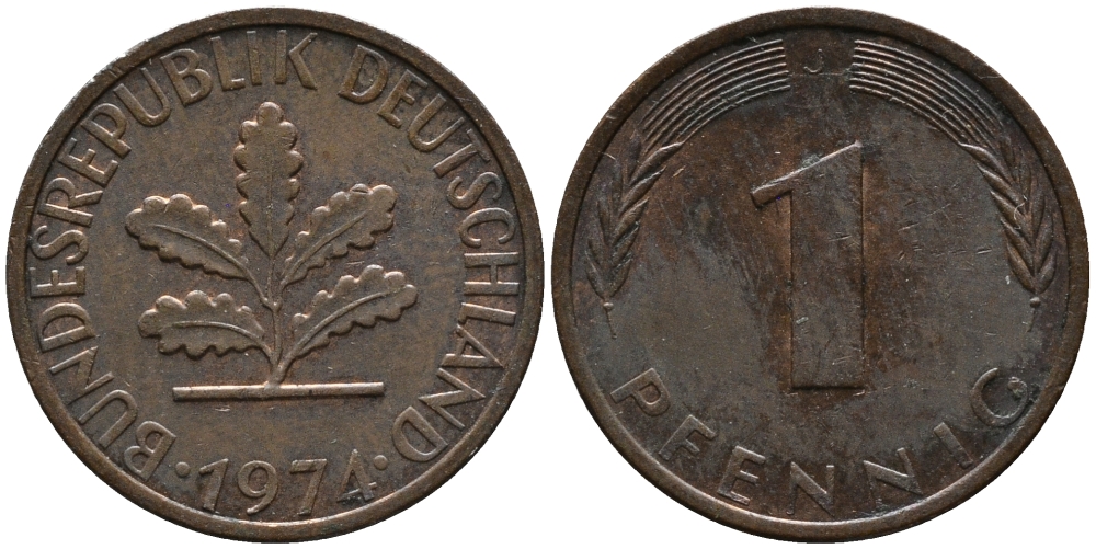 ФРГ 1 пфенниг 1974 J KM 105, J.380 сталь плакированная медью 99-328