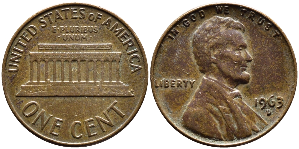 США 1 ЦЕНТ 1963 D, ЛИНКОЛЬН KM 201 медь цинк 35-163