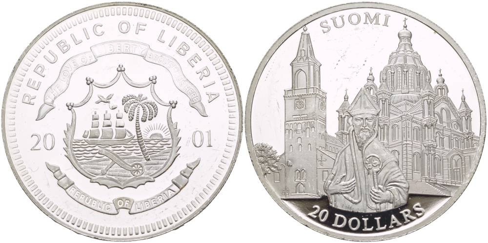 Либерия 20 долларов 2001 серия церкви Европы, Финляндия, микроцарапины KM серебро PROOF 1088-5-44