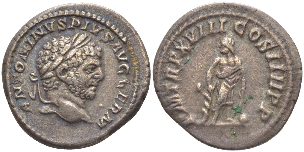 Римская Империя денарий 215 Каракалла, ANTONINVS PIVS AVG GERM, бюст императора / PM TRP XVIII COS IIII PP, бог Асклепий, Рим, 3,04 гр RIC 251 серебро 1073-18-17