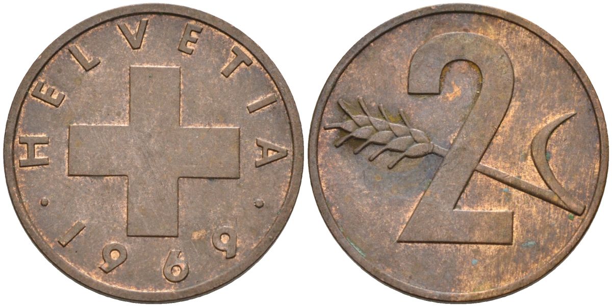 Швейцария 2 раппена 1969 KM 47 бронза 4592-614