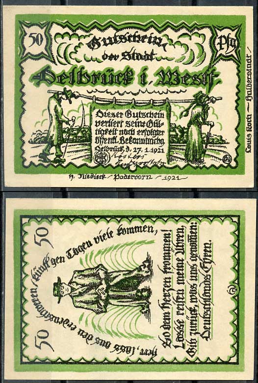 Германия, Дельбрюк 50 пфеннигов 1921 нотгельд, 27.1.1921 Grabowski 261.1 бумага UNC (пресс) 444-53-3-2