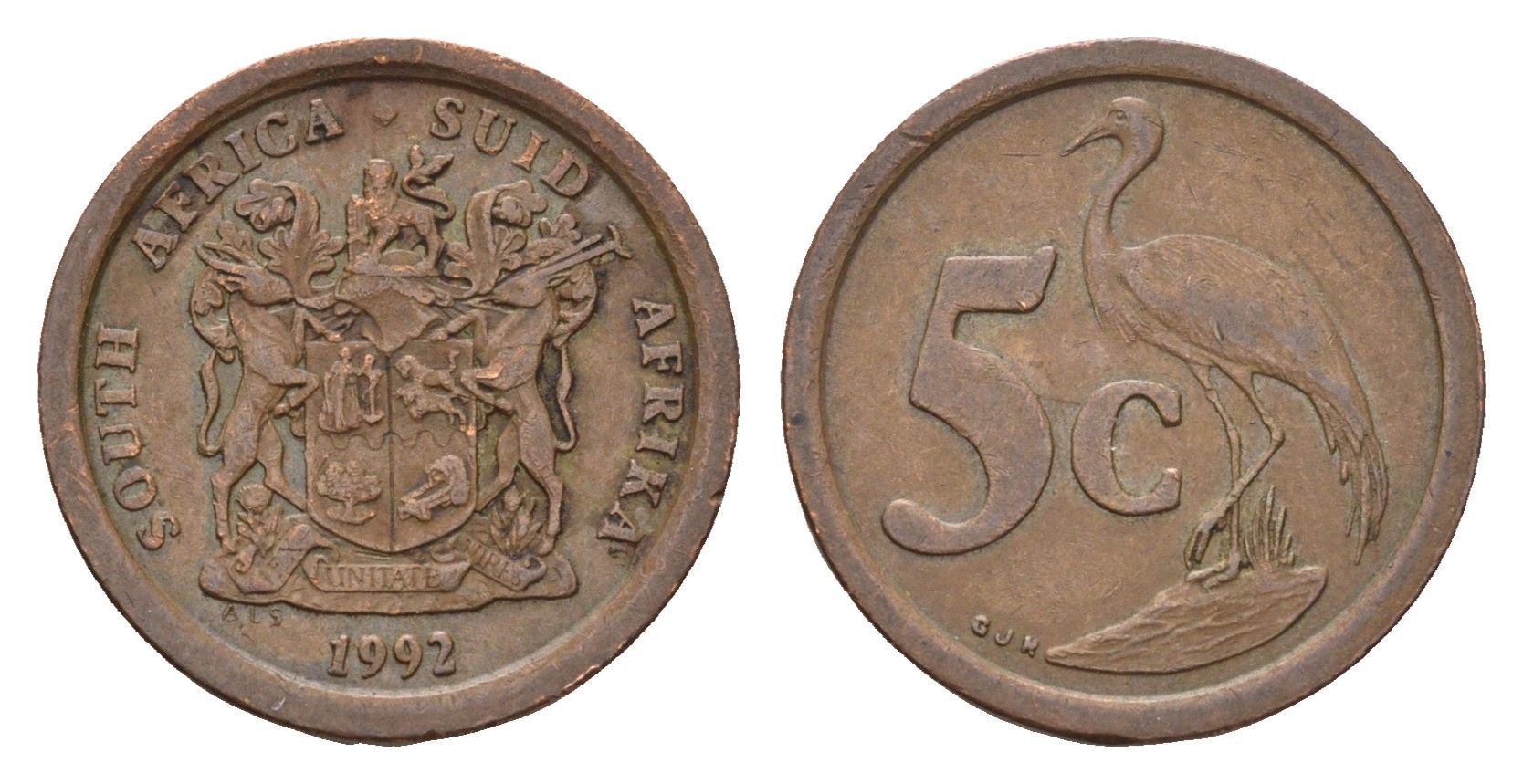 ЮАР 5 центов 1992 герб, райский журавль KM 134 сталь плакированная медью 4643-263