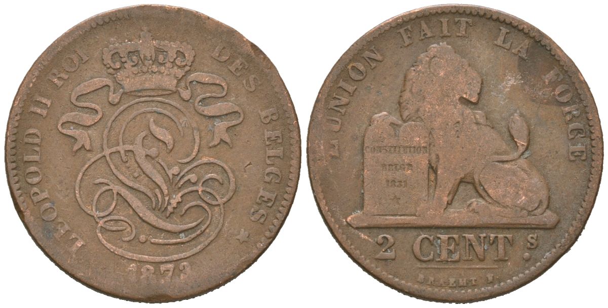 Бельгия 2 сантима 1873 Леопольд II (1865-1909) KM 35.1 медь 4615-657