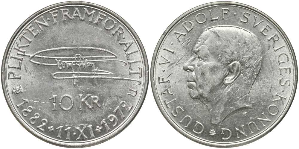 Швеция 10 крон 1972 U, 90 лет со дня рождения Густава VI Адольфа KM 847 серебро 180-632
