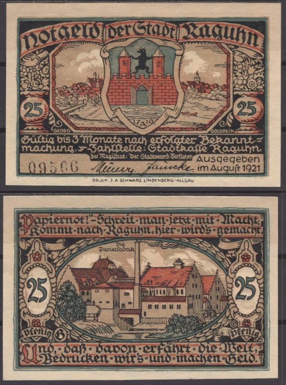 Рагун 25 пфеннигов ND (1921) DeNG 1 1094.1-3/12 бумага UNC (пресс) 8595-9-1-1