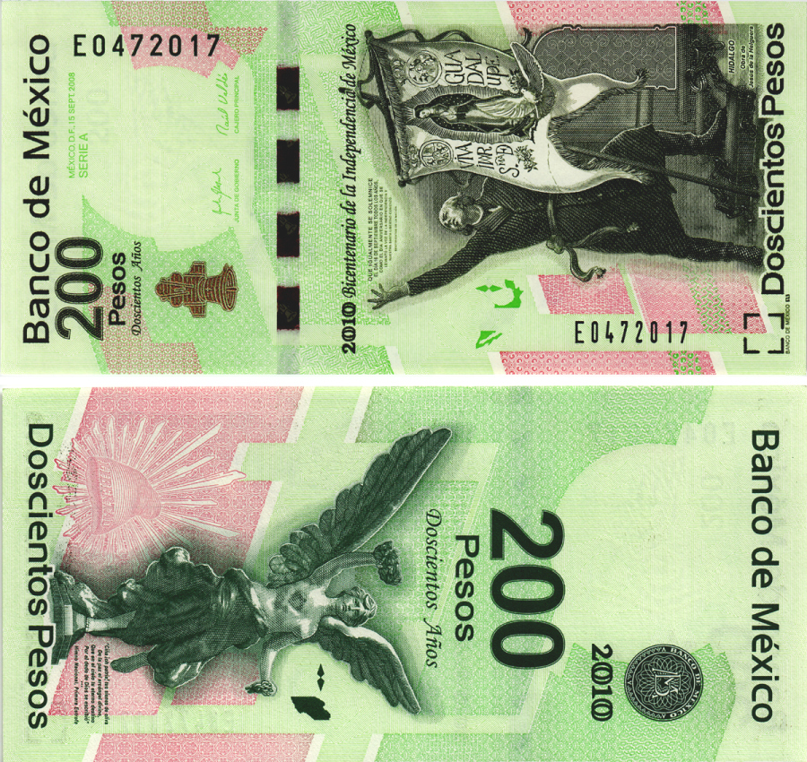 Мексика 200 песо 2008 (2010) 200 лет независимости Мексики, серия A, префикc E Pick 129e бумага UNC- 445-12-2