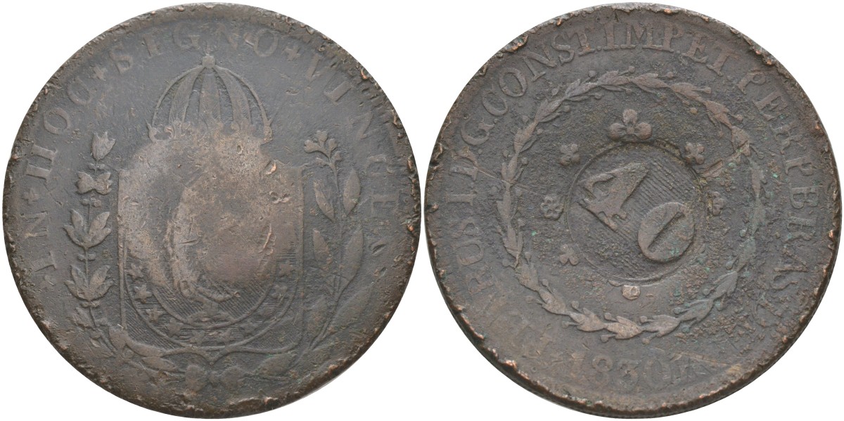 Бразилия 40 рейс 1835 R, провинция ICO, надчеканка на 80 рейсах 1830 Педро I (1822-1831) KM 444.1 медь 00-1067-4-32