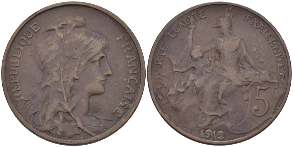 ФРАНЦИЯ 5 САНТИМОВ 1912 ТИП ДАНИЭЛЬ ДЮПЮИ KM 842, LE FRANC 119.24 бронза 28-612