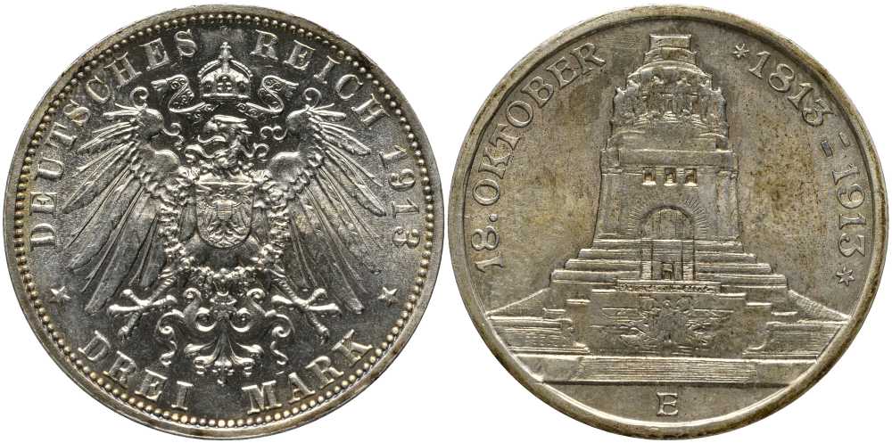 Саксония 3 марки 1913 E, 100-летие победы в битве при Лейпциге (Битве народов) J.140, Weege 136, KM 1275 серебро 1515-1214