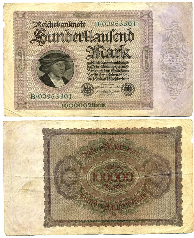 ГЕРМАНИЯ 100000 МАРОК 1923 1 ФЕВРАЛЯ 1923, БЕЗ Т ПОД ПОРТРЕТОМ Pick 83a бумага XF 7146-42-2-2