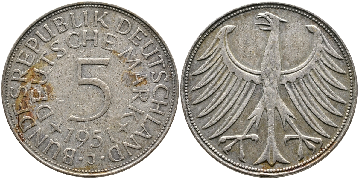 ФРГ 5 марок 1951 J (Гамбург), J. 387, KM 112.1 серебро 4178-1025