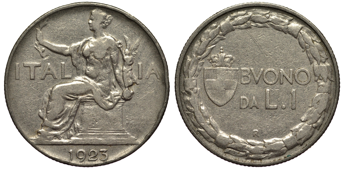 ИТАЛИЯ 1 ЛИРА 1923 R, ВИТОРИО ИМАНУИЛ III (1900-1946) KM 62 никель 55-136