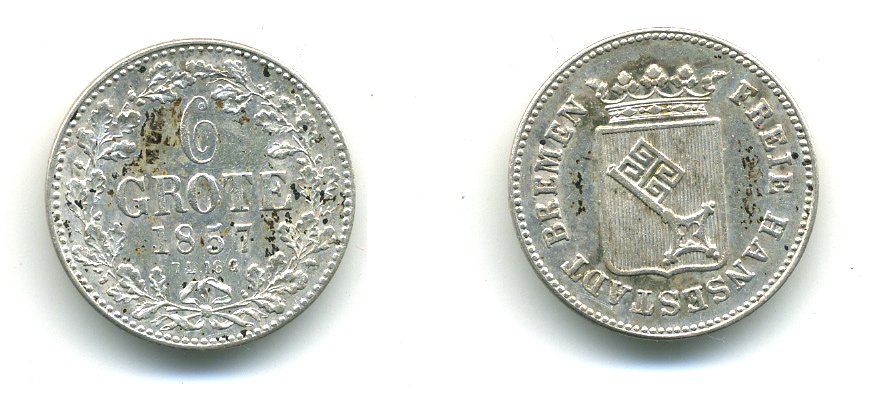 Бремен 6 гротенов 1857 KM 240, Jaeger 22, AKS 6 серебро 54-658