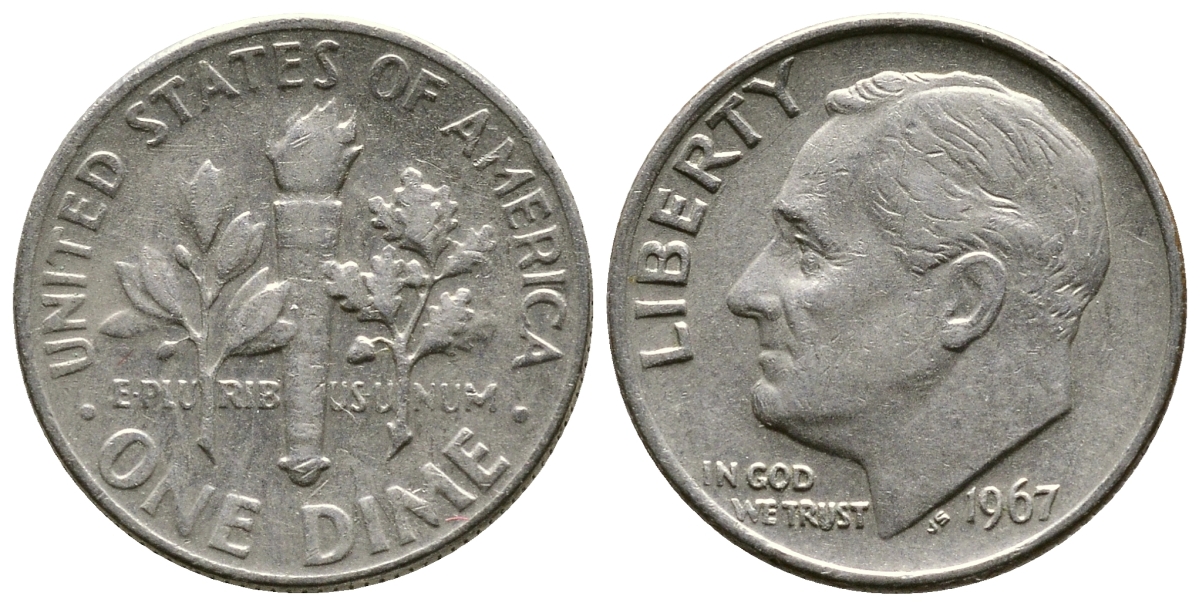 США 10 центов (дайм) 1967 Рузвельт KM 195а медь плакированная медно-никелем 37-229