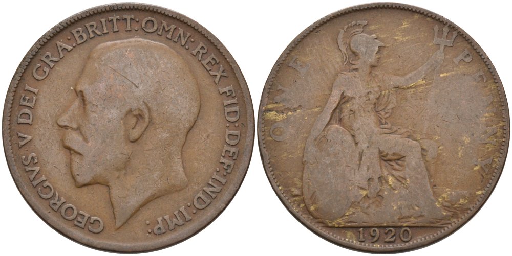Великобритания 1 пенни 1920 Георг V (1910-1936) KM 810, Spink 4051 бронза 4572-1244