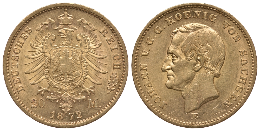 Саксония 20 марок 1872 KM 1233, J. 258 золото aUNC 00-000-00