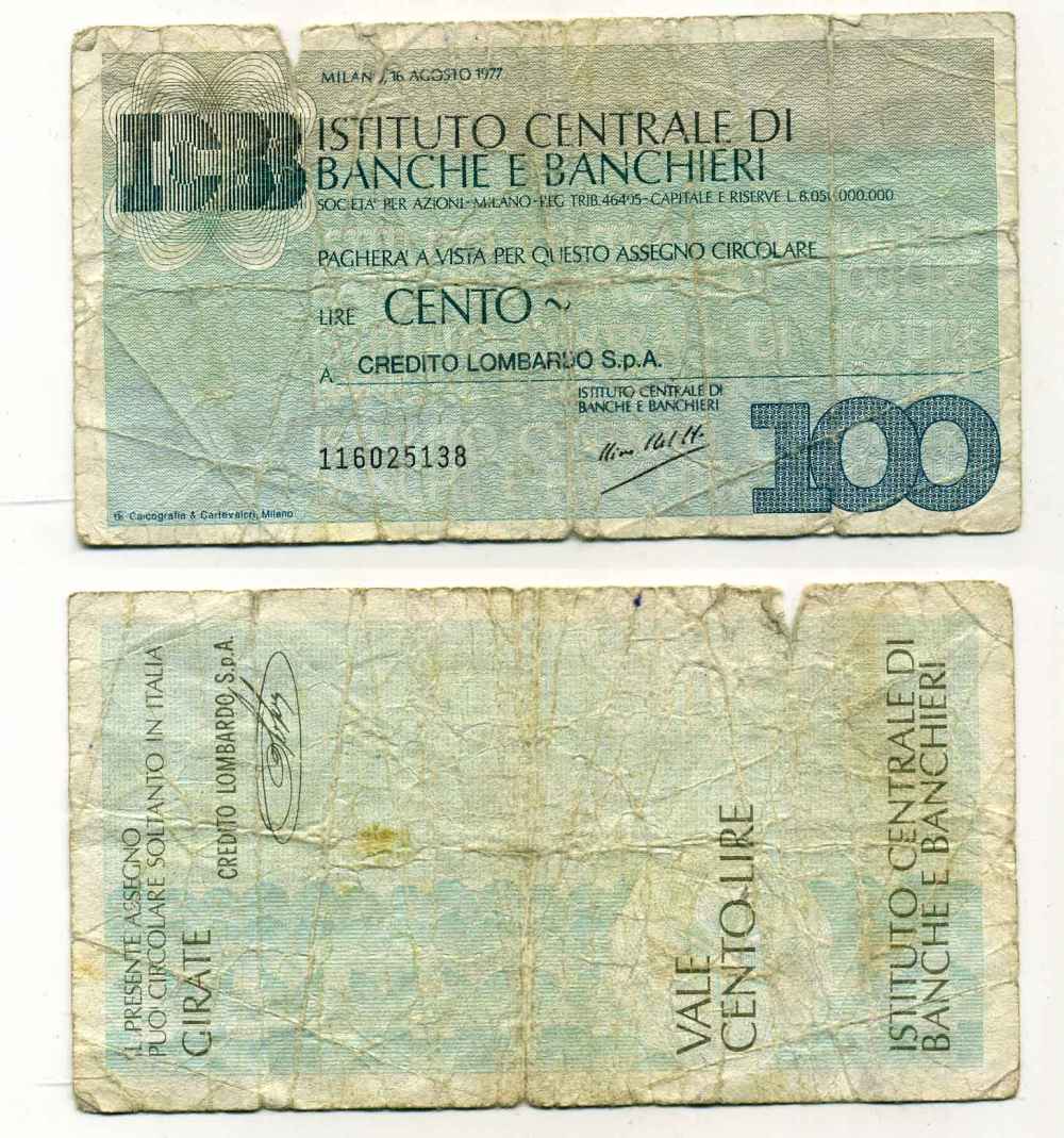 Италия 100 лир 1977 institutocentrale Di Banche e banchieri, ЛОМБАРДНЫЙ КРЕДИТ S.p.A., 16 августа 1977 Милан бумага 8588-23-3-1