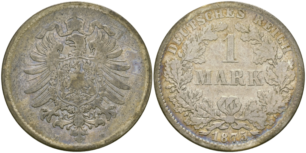 Германия 1 марка 1875 D Weege 17, J. 9, KM 7 серебро 98-1253