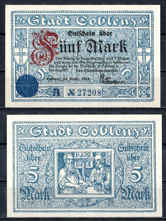 Кобленц (Пруссия, Рейн) 5 марок 1918 Geiger 082.01a бумага UNC (пресс) 7555-56-1-1